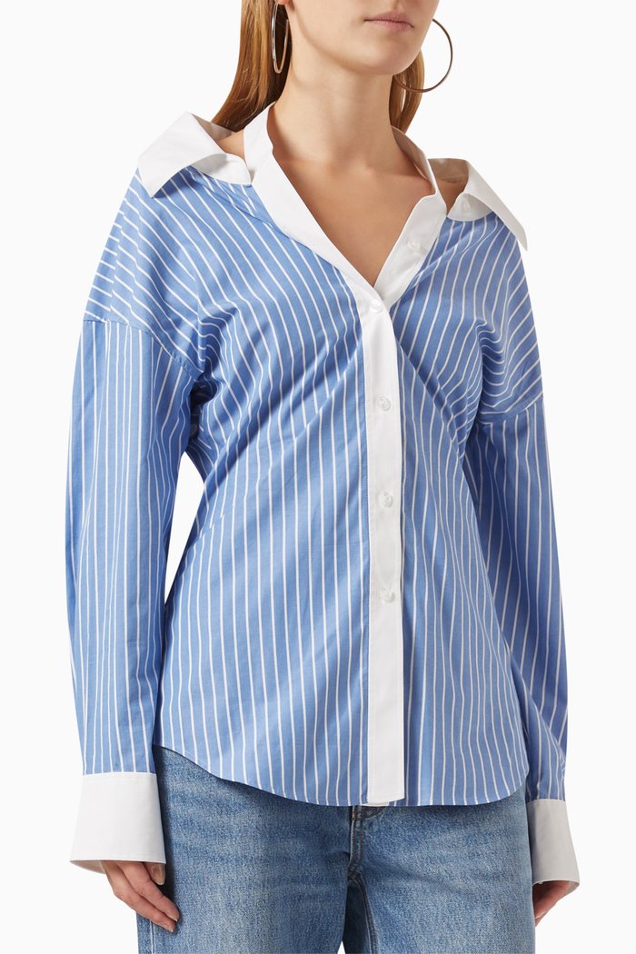 

Striped Split-collar Shirt in Cotton-poplin, Blue