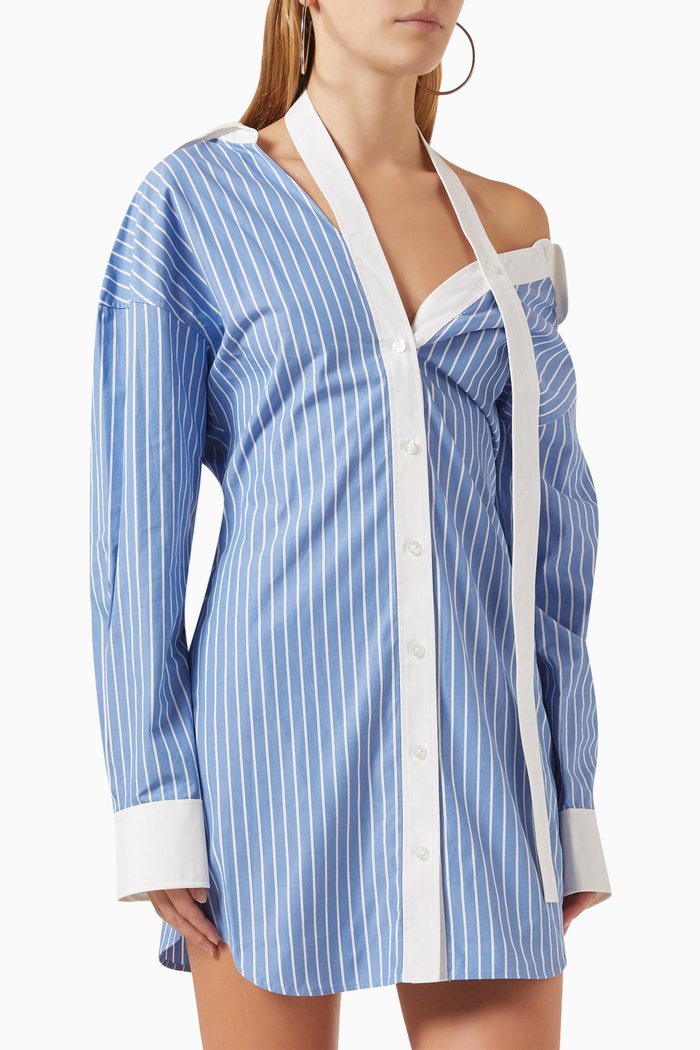 

Striped Split-collar Mini Shirt Dress in Cotton-poplin, Blue
