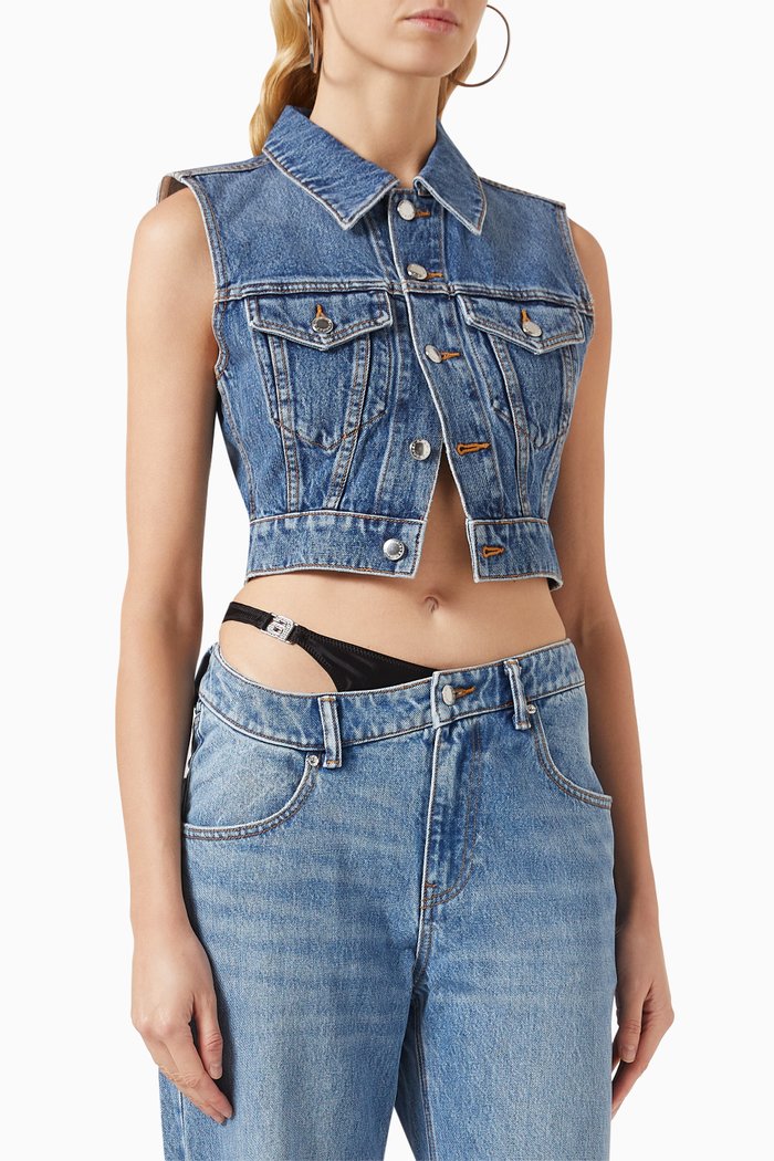 

Shrunken Trucker Vest in Denim, Blue
