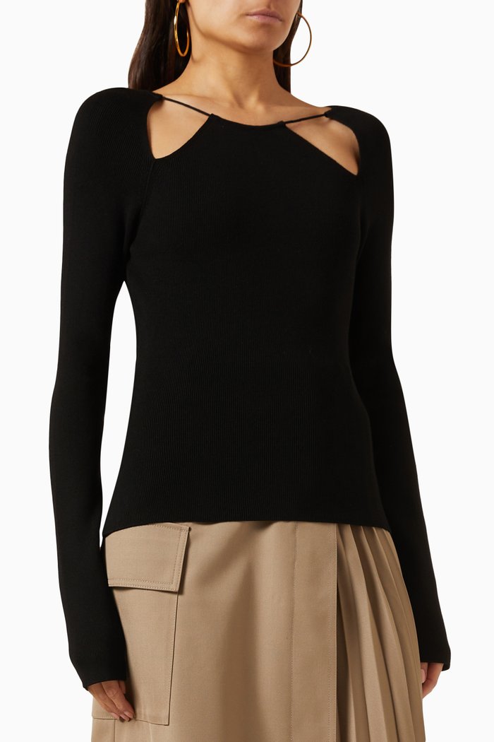 

Neck String Sweater in Rib-knit, Black
