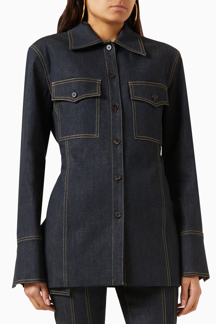 Betted Shirt Jacket in Denim, Blue