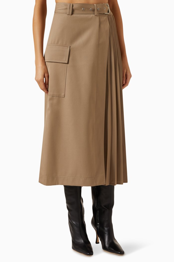 

Side Pleat Belted Skirt in Wool-blend, Neutral