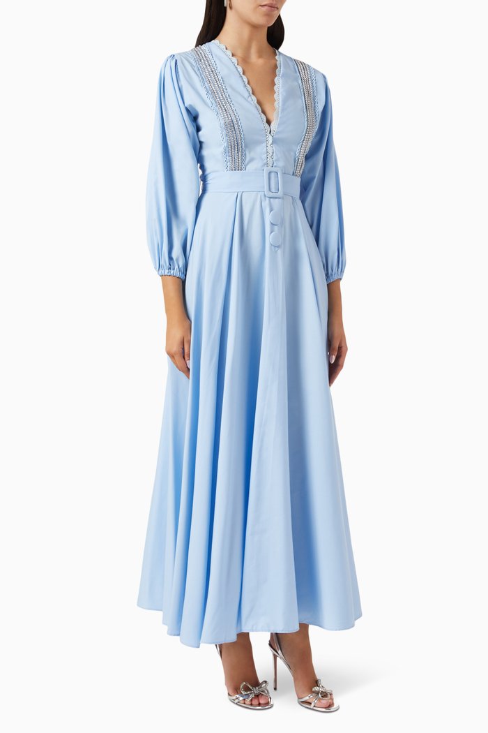 

Belted Crystal Maxi Dress in Cotton, Blue