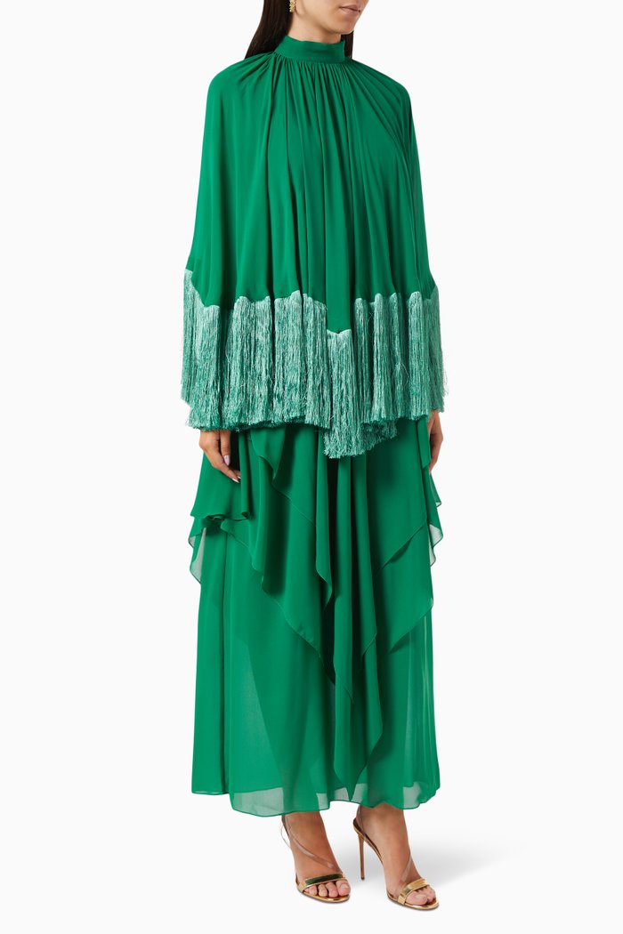 

Ruffles Tassel Maxi Dress in Crepe, Green