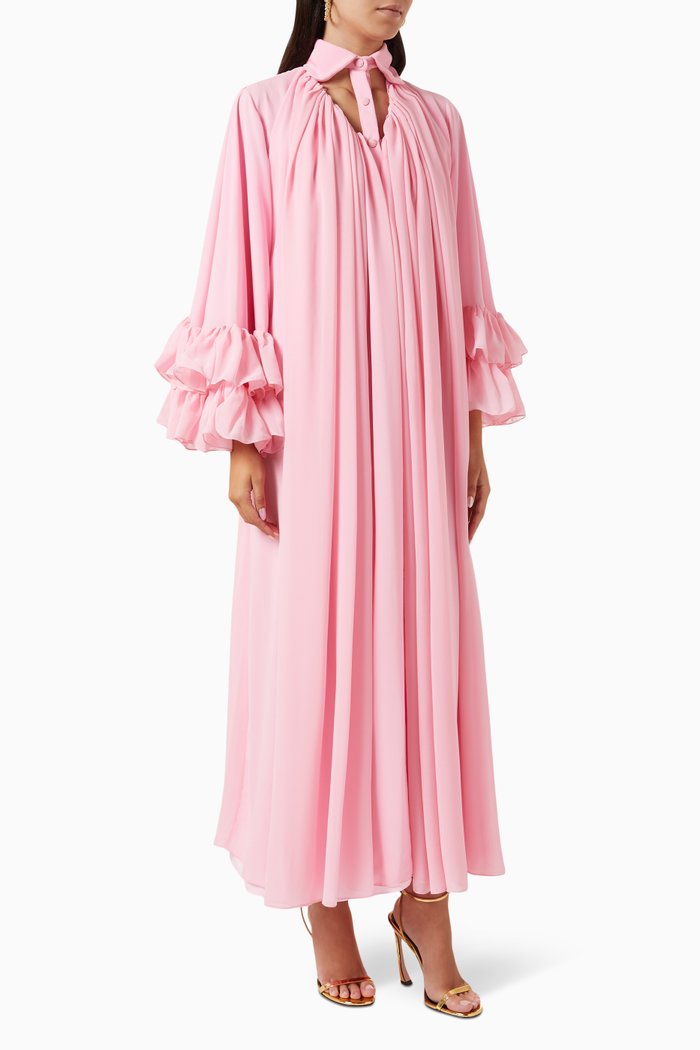 

Ruffled-sleeves Collared Maxi Dress in Chiffon, Pink