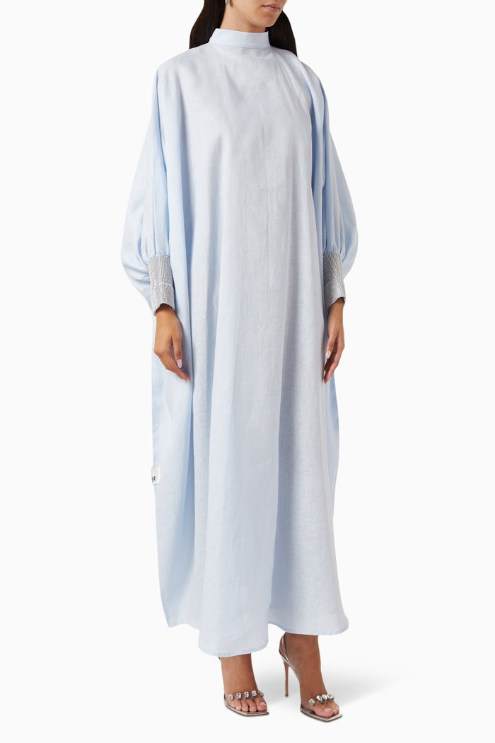 

Crystal-sleeves Embellished Dress in Linen, Blue