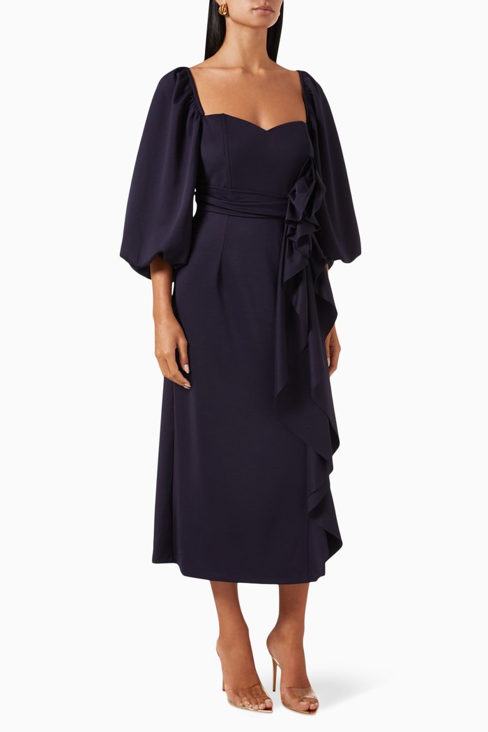 

Fron Bow Frilled Midi Dress in Scuba, Blue