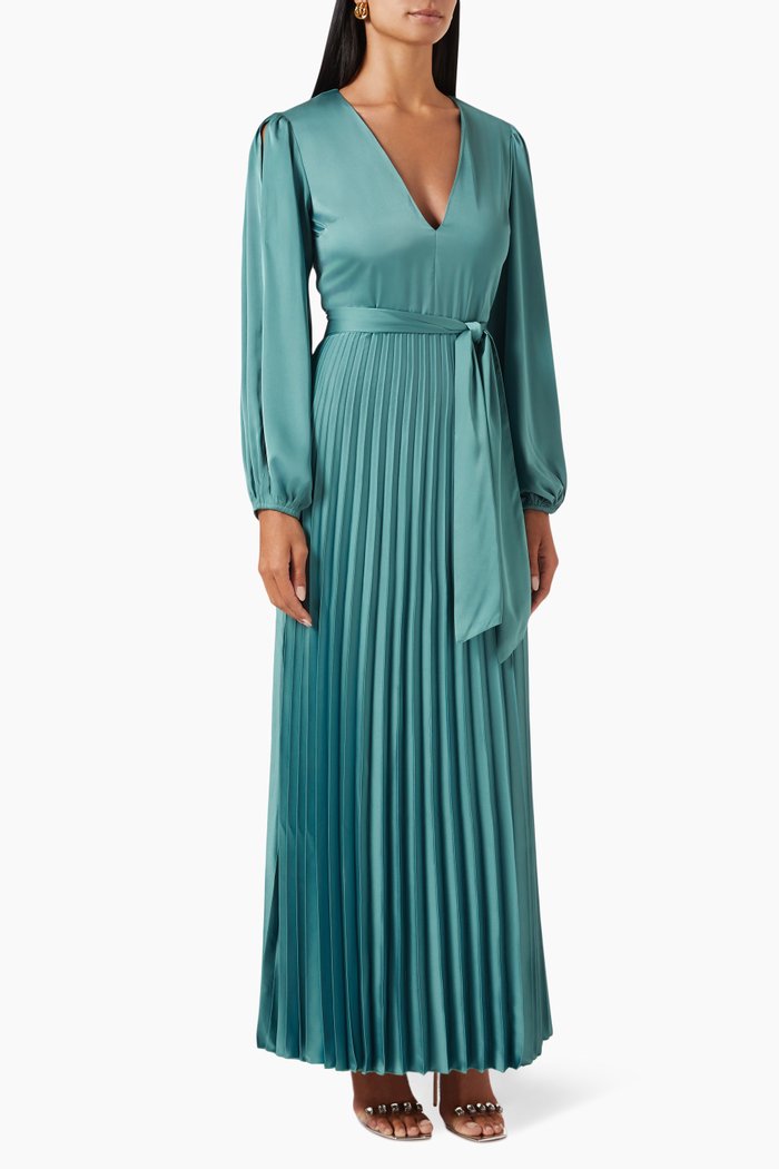 Pleated Maxi Dress in Satin, Green
