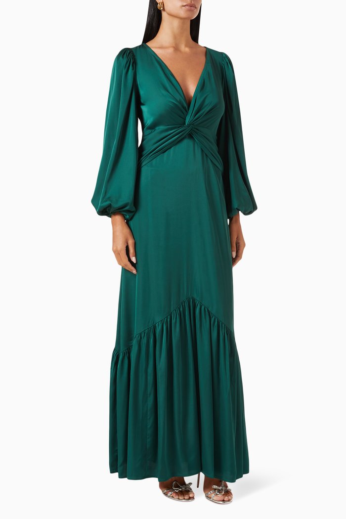 

Twisted Flared Maxi Dress in Satin, Green