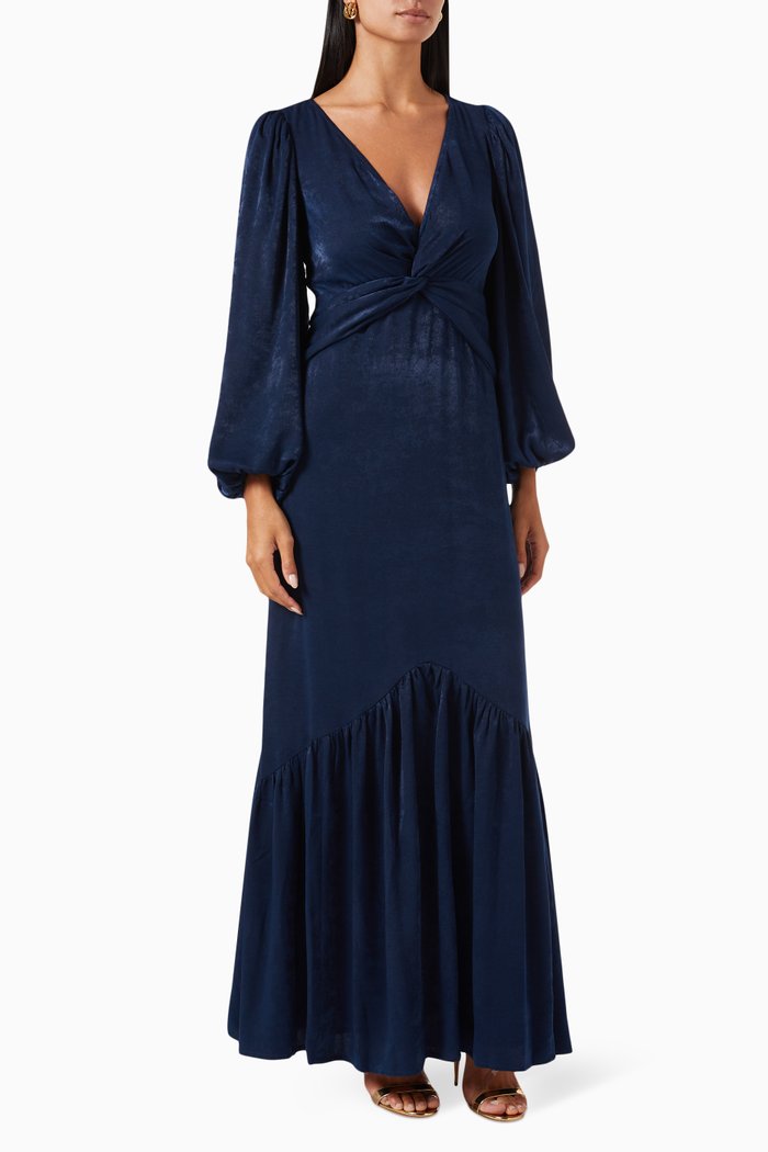 

Twisted Flared Maxi Dress in Satin, Blue
