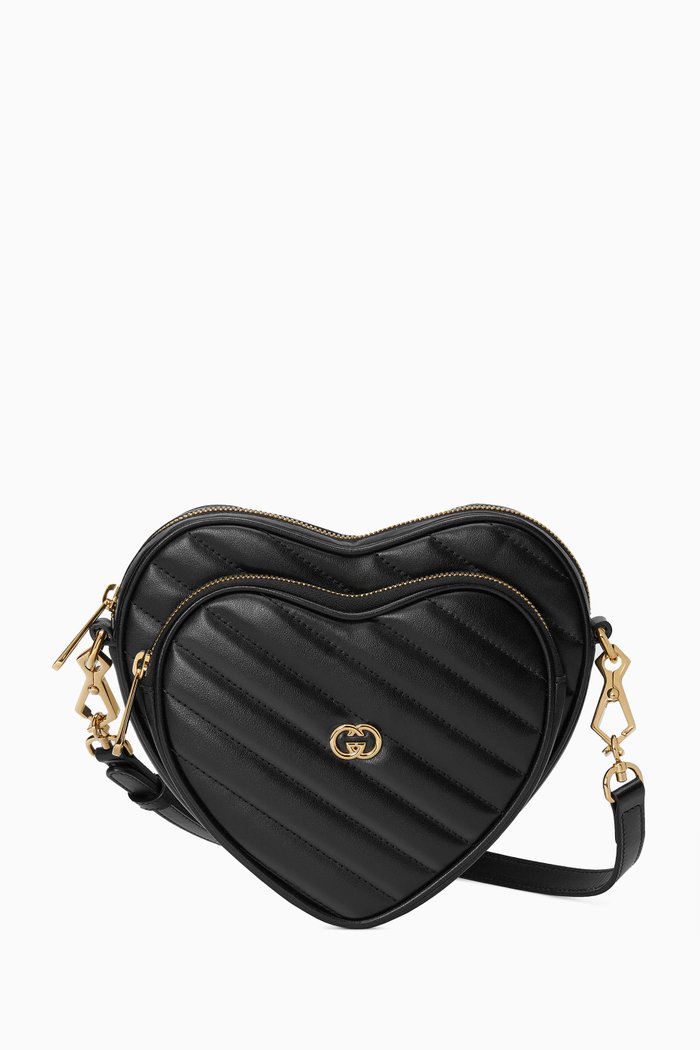 

Mini Heart Interlocking G Crossbody Bag in Diagonal Matelassé Leather, Black