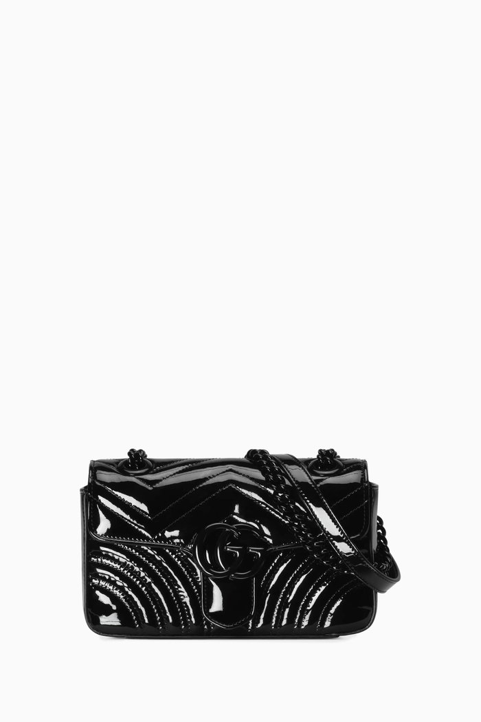 GG Marmont Mini Shoulder Bag in Patent Matelassé Leather, Black