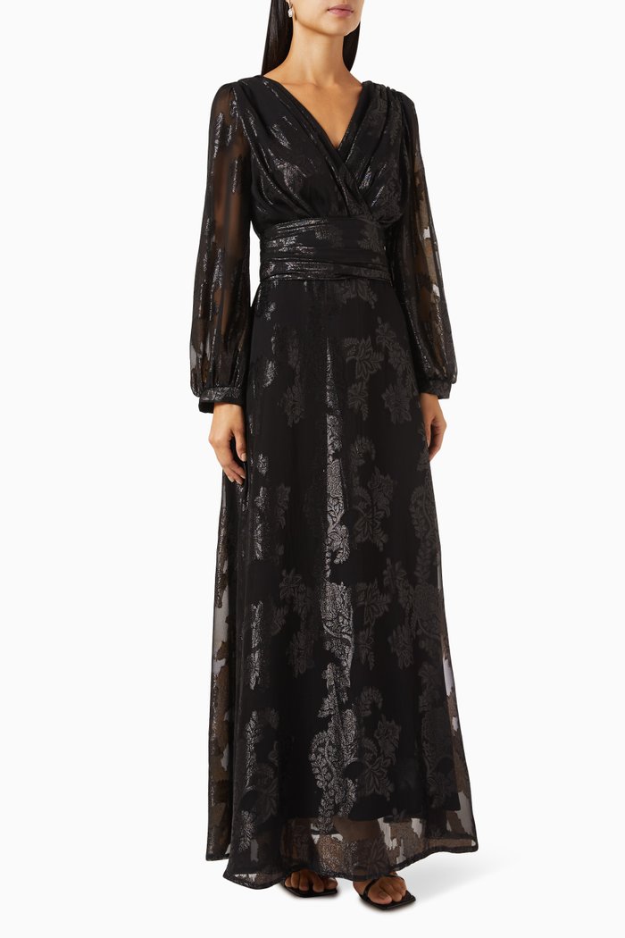 

Metallic-print Ruched Maxi Dress, Black