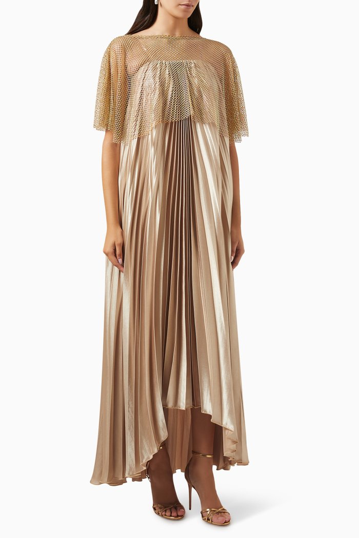 Crystal-mesh Pleated Maxi Dress, Neutral