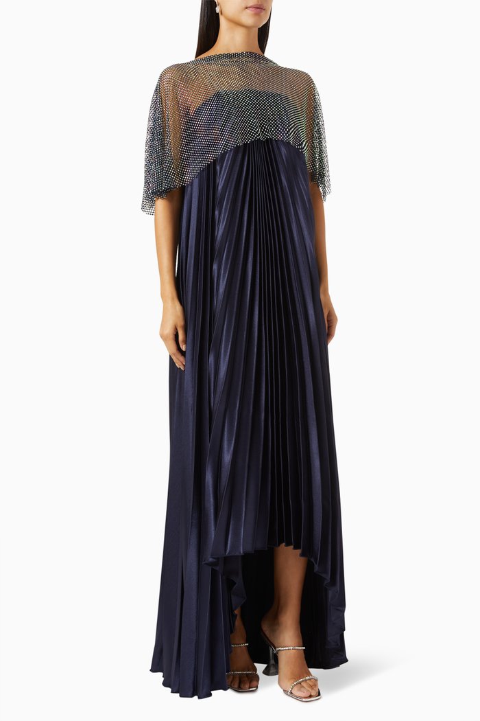 Crystal-mesh Pleated Maxi Dress, Blue