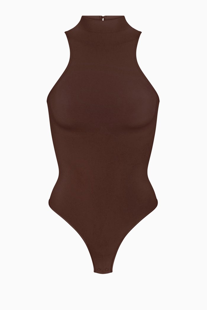 

Seamless Sculpt High Neck Thong Bodysuit, Brown