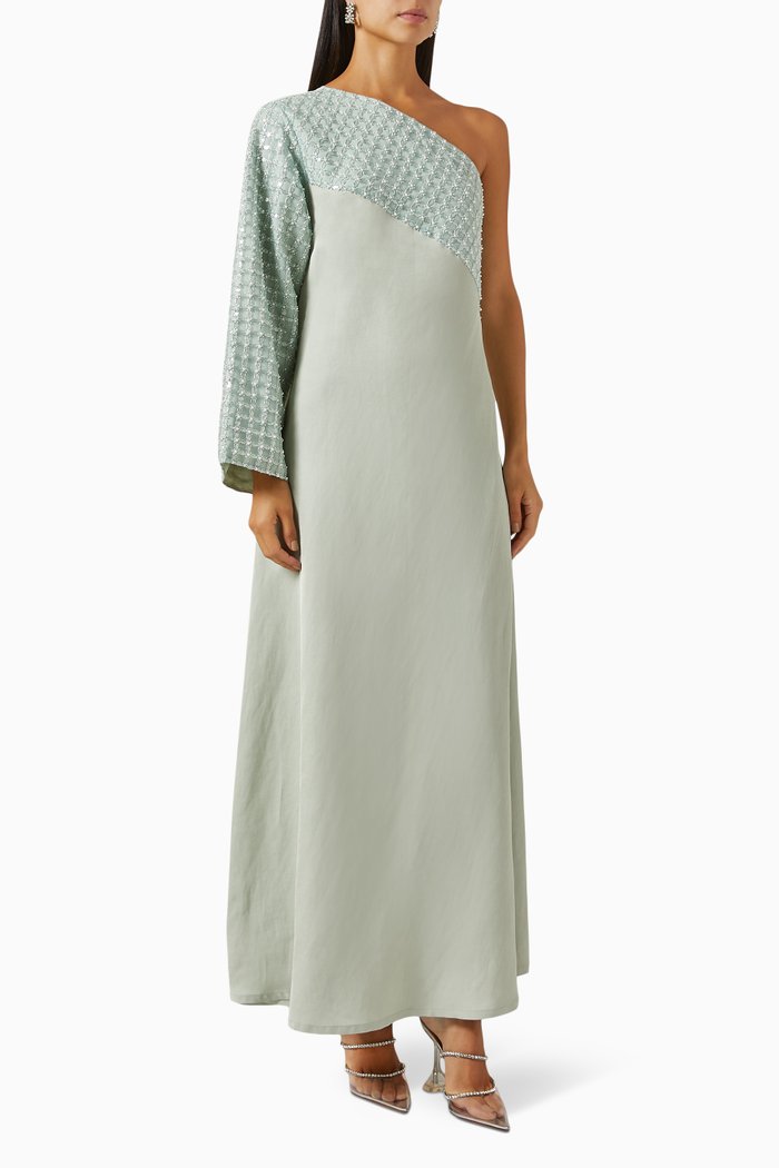

One-shoulder Embellished Maxi Dress in Cotton-silk Twill, Green