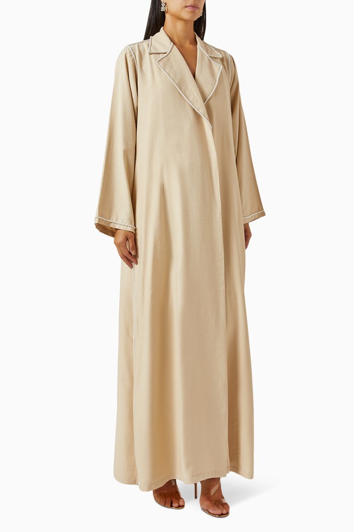

Embellished Notch-collar Abaya in Crush Cotton, Neutral
