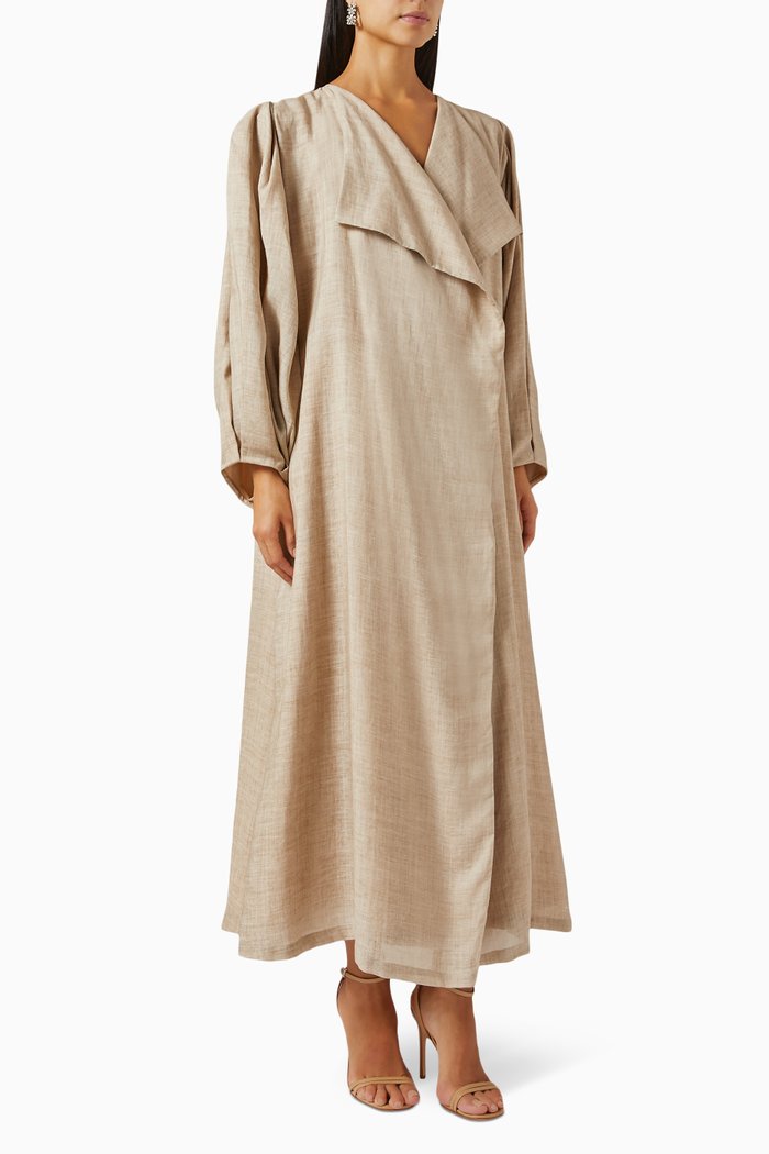 

Lapel-collar Abaya in Linen, Neutral