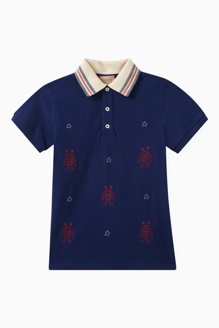 

Embroidered Polo Shirt in Stretch Cotton-piqué, Blue