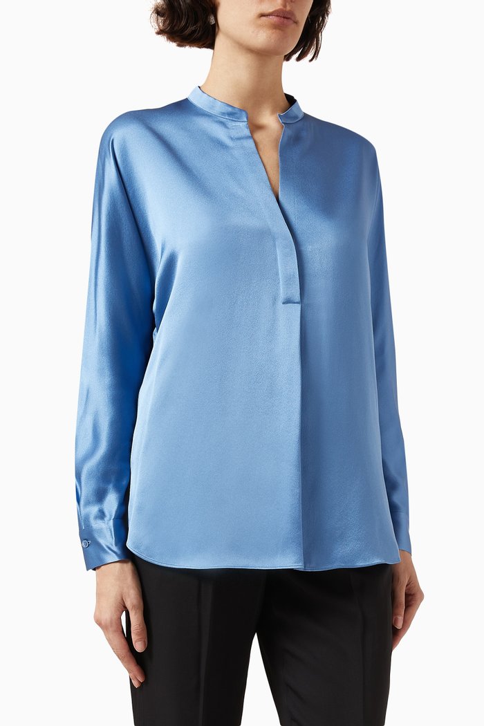 

Band Collar Blouse in Silk, Blue