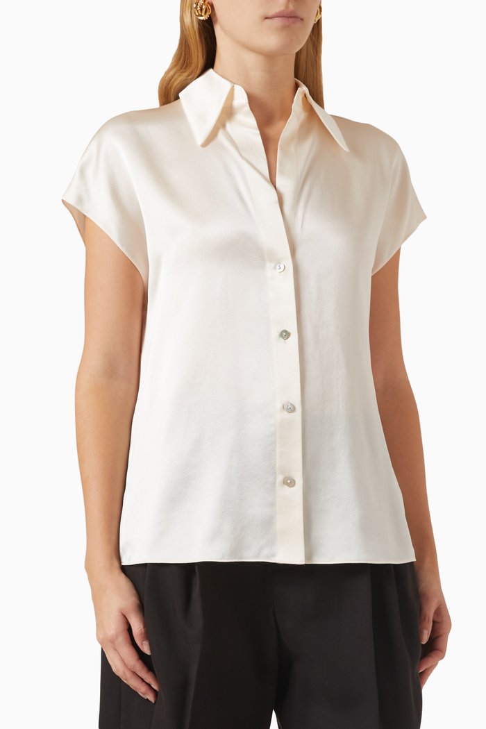 

Cap Sleeves Blouse in Silk Satin, Blue