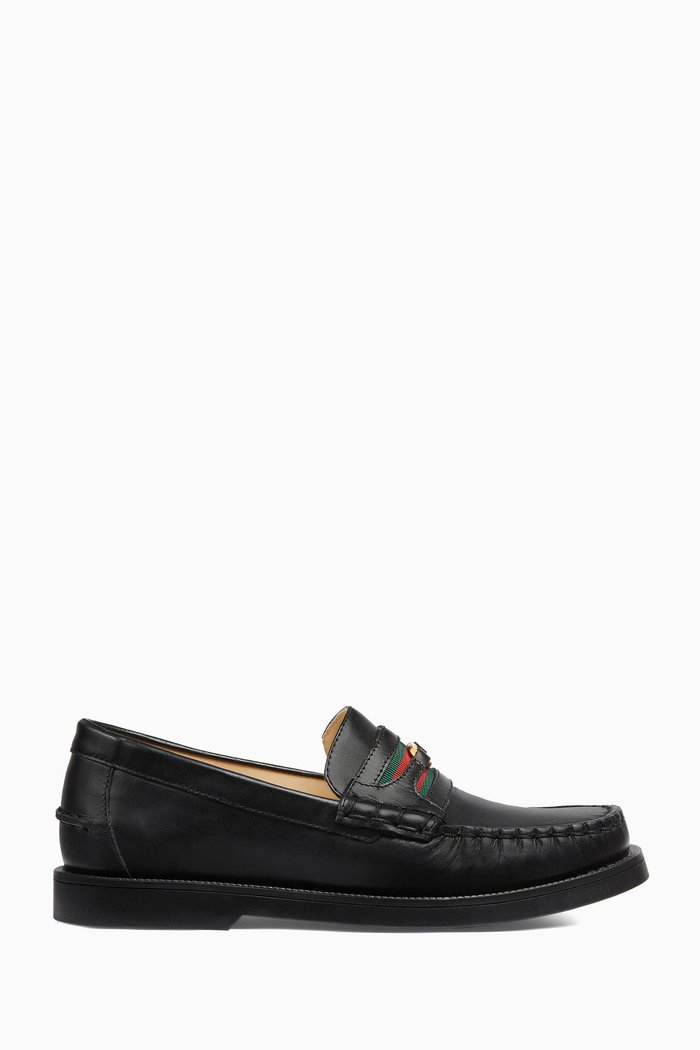 

Interlocking G Web Moccasins in Leather, Black