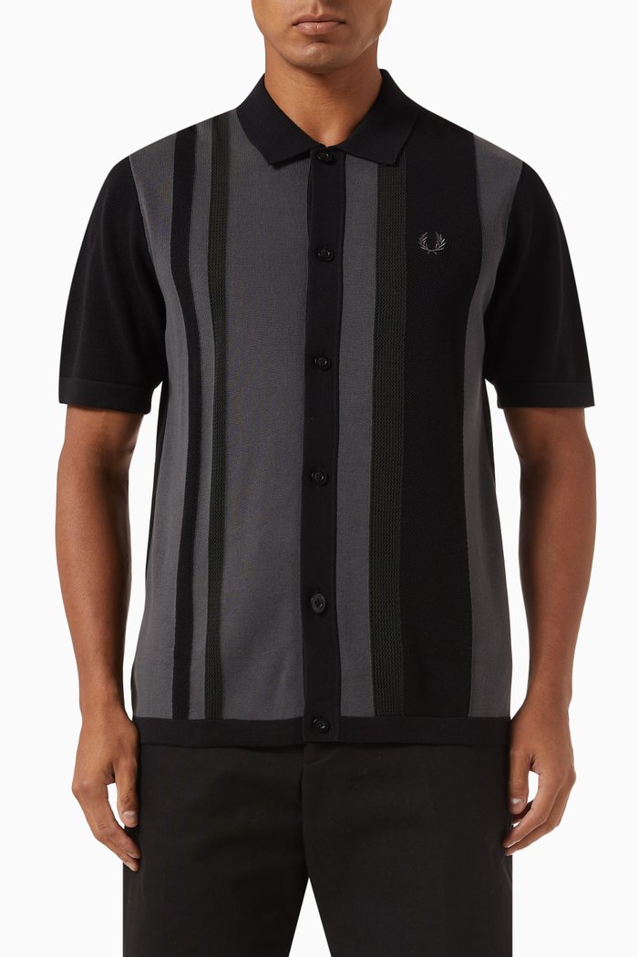 

Striped Shirt in Knitted Cotton, Black