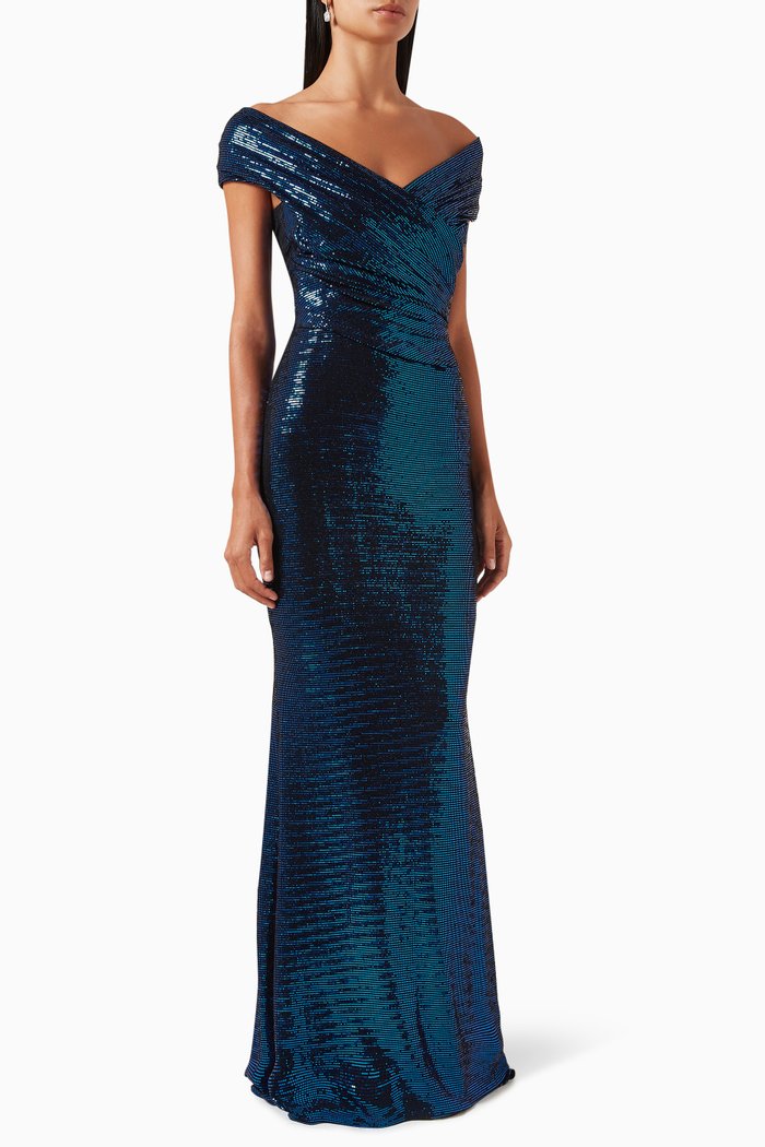 

Off-Shoulder Gown in Metallic Jersey, Blue