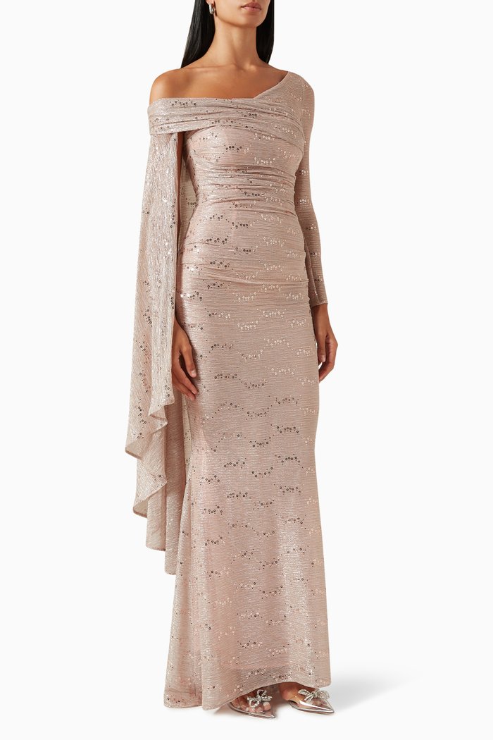 

One-shoulder Cape Gown in Metallic Voile, Pink