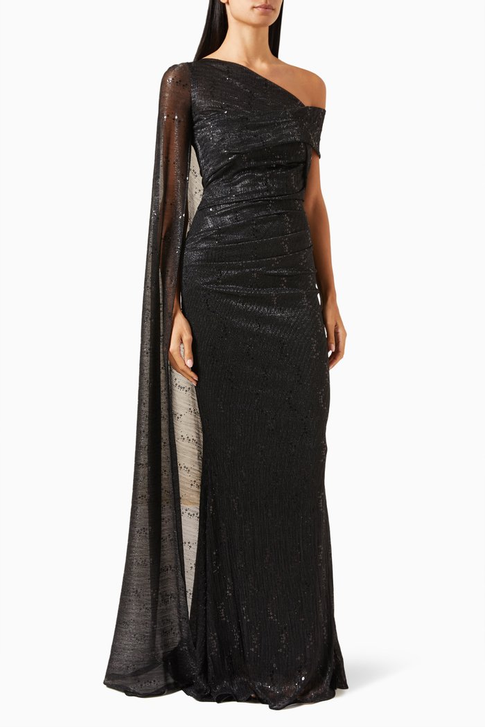 

One-shoulder Sequinned Gown, Black