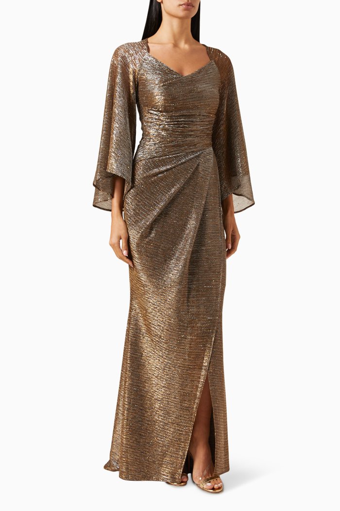 Pleated Sequin-embellished Gown in Metallic-voile, Gold