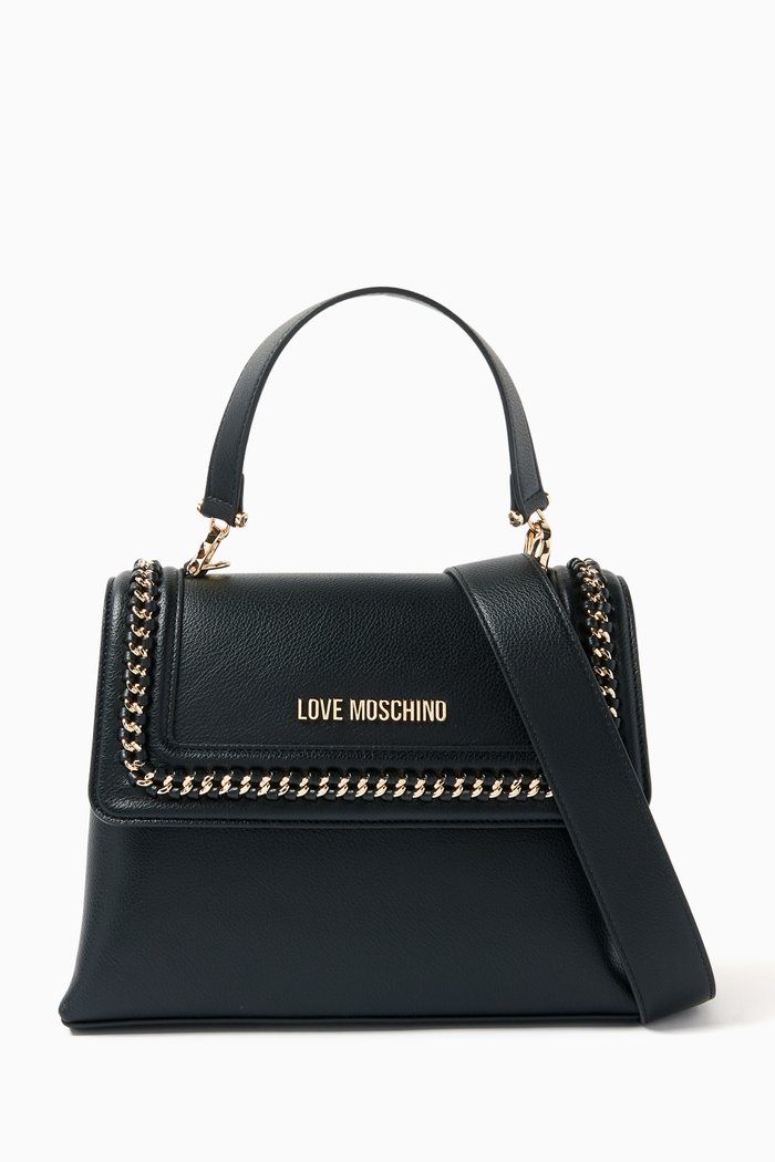 

Medium Chain Link Top Handle Bag in Faux-Leather, Black