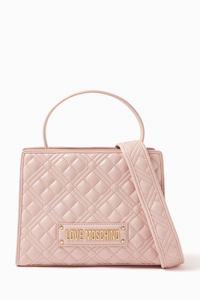 

Small Top Handle Bag in Faux Quilted Leather, Pink