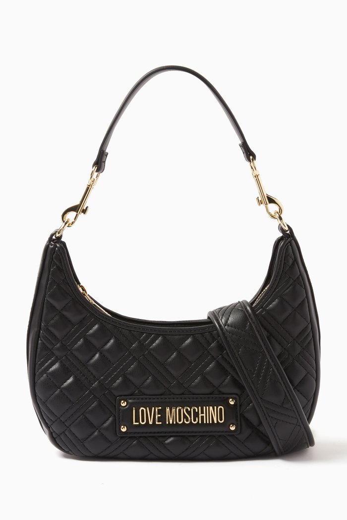 Small Half Moon Shoulder Bag in Quilted Faux-Leather, Black