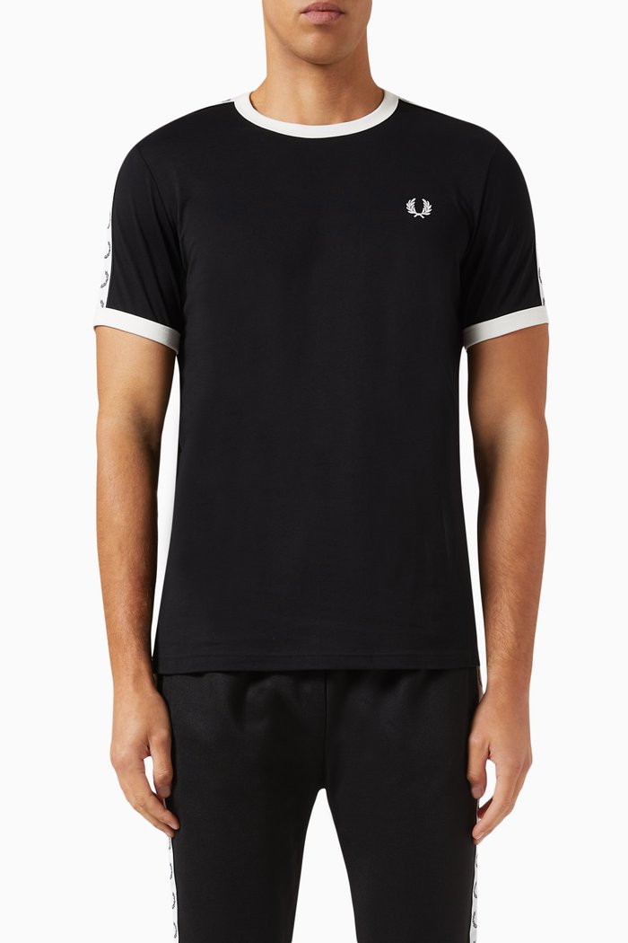 Taped Ringer Logo T-shirt in Cotton, Black