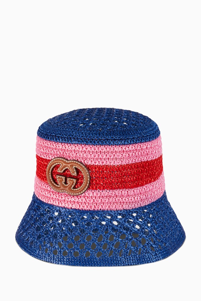 Interlocking G Striped Bucket Hat in Raffia-effect Viscose, Blue