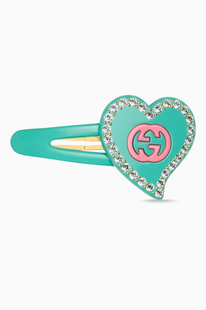 Interlocking G Heart Hair Clip in Resin, Blue