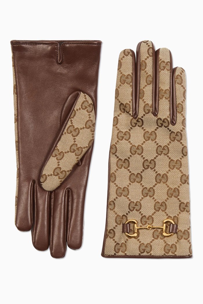 

GG Horsebit Gloves in Leather & Canvas, Brown
