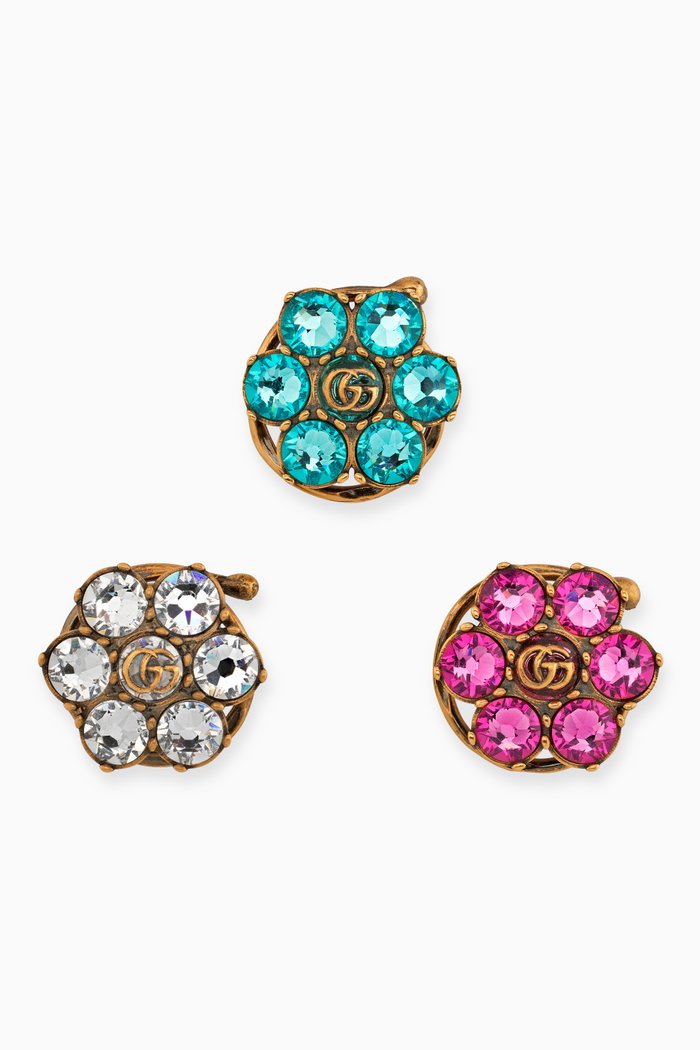 Double G Crystal Flower Hair Clips in Metal, Set of 3, Multicolour