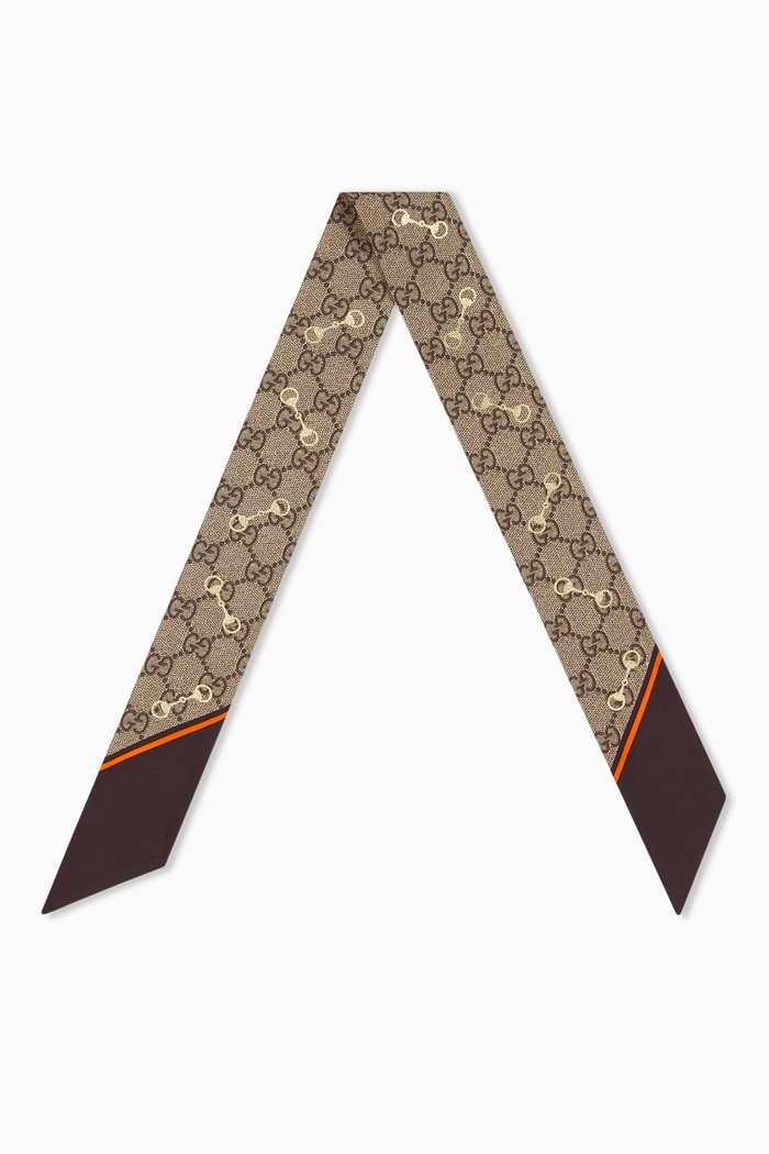 GG-print Horsebit Neck Bow in Silk, Brown