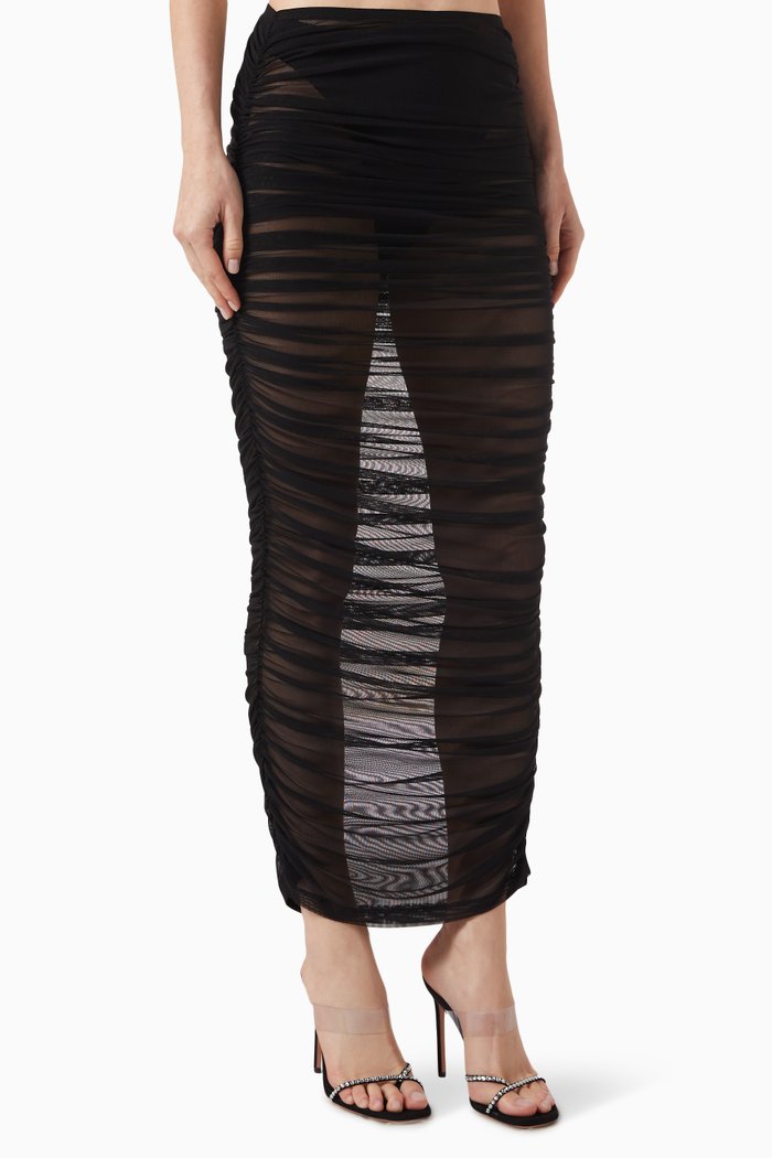

Runched Maxi Skirt in Mesh, Black
