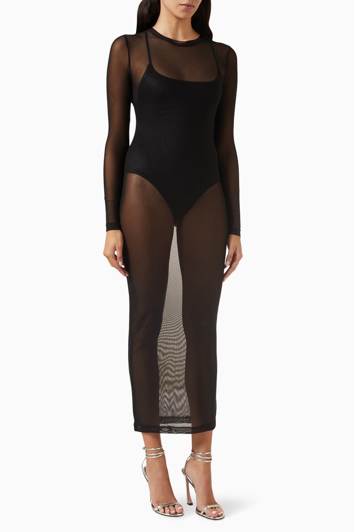 

Long-sleeve Maxi Dress in Mesh, Black