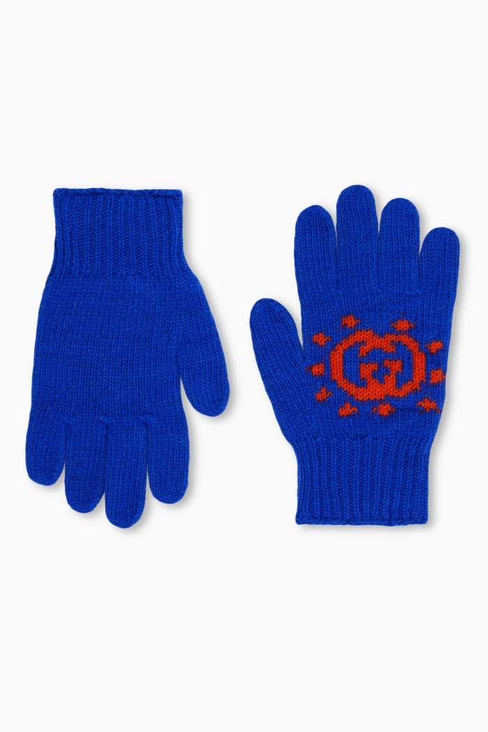 

Interlocking G & UFO Gloves in Wool Knit, Blue