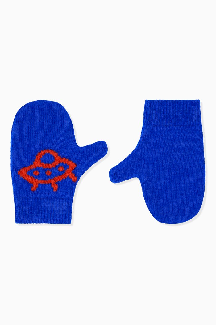 Interlocking G & UFO Mittens in Wool Knit, Blue
