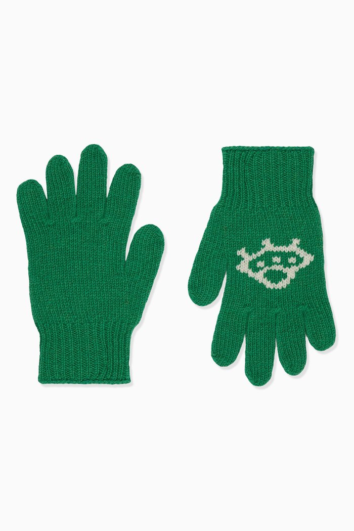 Interlocking G & UFO Gloves in Wool Knit, Green