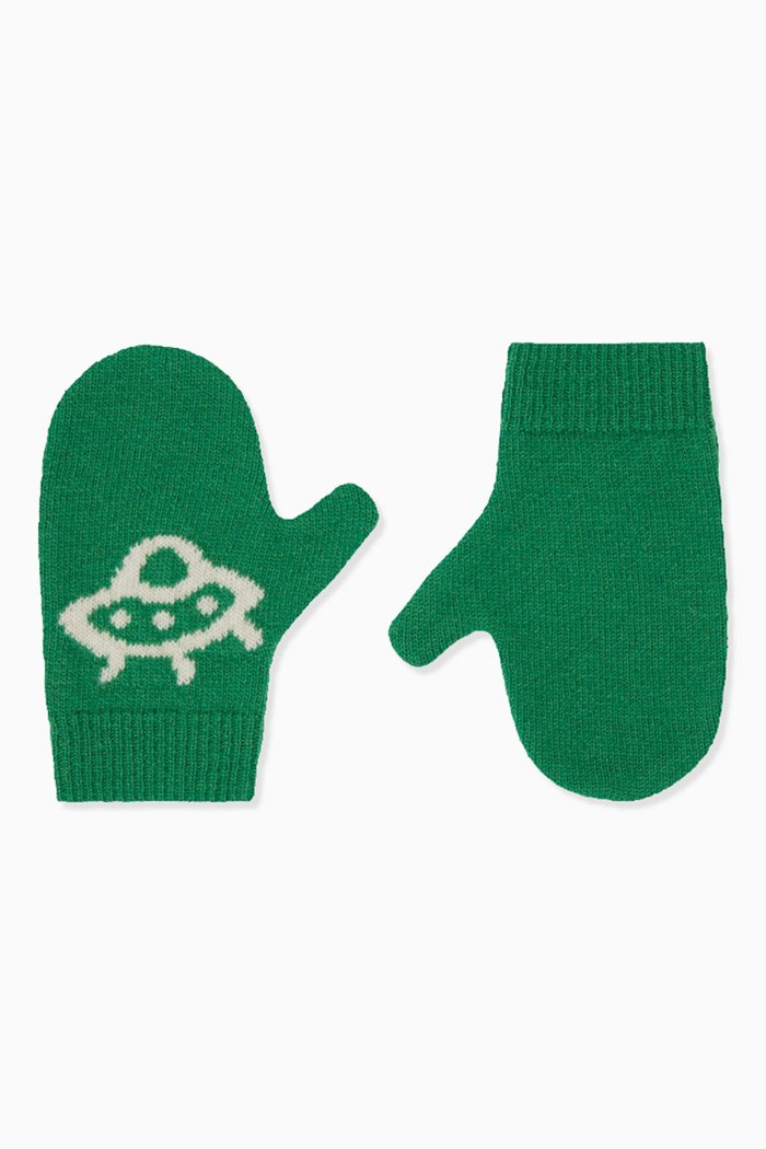 

Interlocking G & UFO Mittens in Wool Knit, Green
