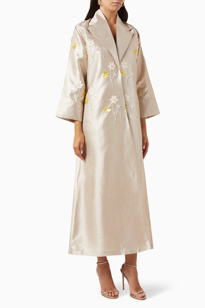 

Floral-embroidery Coat Abaya in Taffeta, Neutral