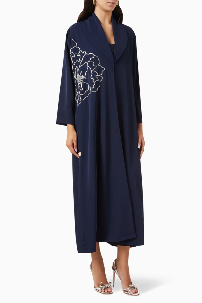 

Embroidered Coat Abaya in Crepe, Blue
