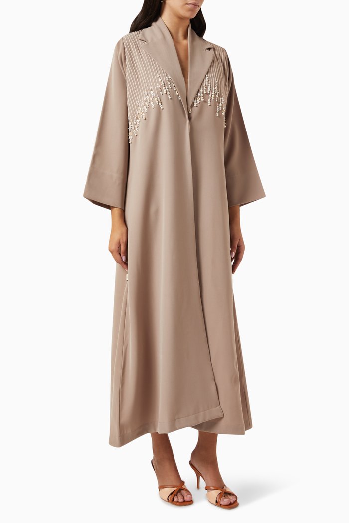 

Pearl-embellished Coat Abaya in Linen & Crepe, Neutral